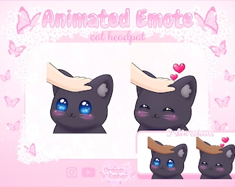 May include: Animated emote of a black cat with blue eyes being petted by a hand. The cat has pink cheeks and is smiling. The emote has two variations, one with a darker skin tone and one with a lighter skin tone. The text "Animated Emote" and "cat headpat" is displayed at the top of the image. The text "2 skin colours" is displayed at the bottom of the image.