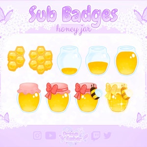 Twitch Sub Badges Cute Honey Jar stream badge pack bee kawaii bit badges gold dessert theme chat alerts honey overlay streaming bee emotes