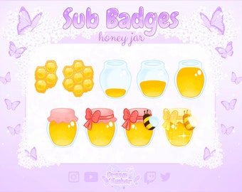 Twitch Sub Badges Cute Bee Honey Jar stream badge pack kawaii bit badge bundle gold honeycomb dessert chat alerts honey overlay streaming