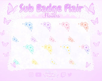 Twitch Sub Badge Flair Cute Flowers colorful stream overlay channel decoration pastel flower flairs kawaii floral theme flair rainbow badges