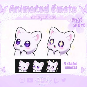 Cute Cat Animated Emote Twitch Amazed Cat Discord Stickers white cat emote pack stream alerts animal emotes kawaii chibi kitten emotes wow
