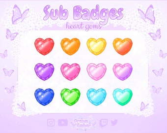 Twitch Sub Badges Cute Heart Gem Crystals stream badge pack colorful gemstone bit badge set love pink jewels sparkly diamond badges reward