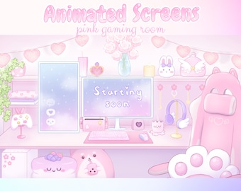 Pink Gaming Room Animated Stream Screens Pastel Twitch Overlay