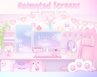 Animated Stream Screens Pastel Pink Gaming Room Twitch Overlay cute scenes streaming setup gamer girl vtuber assets kawaii lofi aesthetic