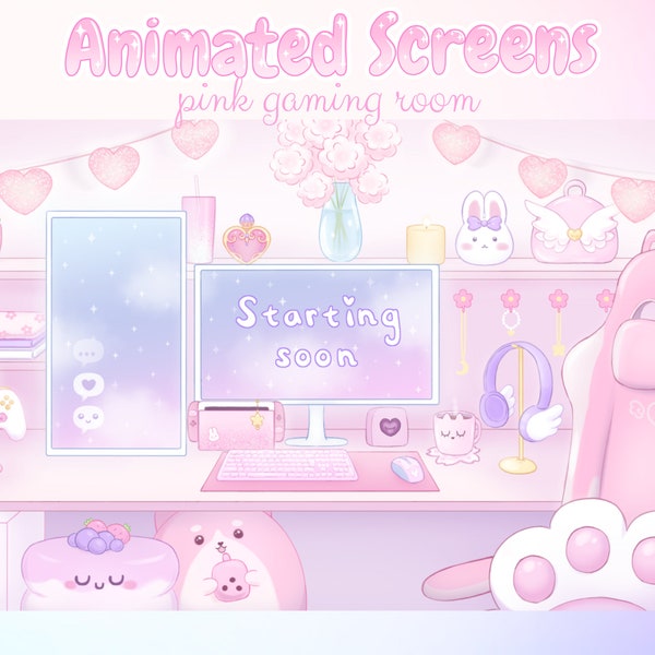 Animated Stream Screens Pastel Pink Gaming Room Twitch Overlay cute scenes streaming setup gamer girl vtuber assets kawaii lofi aesthetic