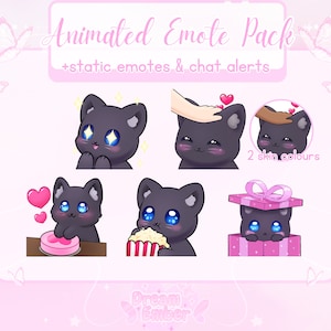 Schattige zwarte kat geanimeerde emotepakket Twitch Alert Discord Stickers grijs kat schattig dier emotes streaming item kitten emote bundel katten