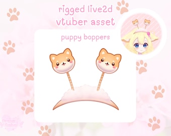 May include: A pair of brown and white puppy head-shaped hair clips with pink and white bows. The hair clips are attached to a pink and white headband. The headband is designed for use as a virtual avatar accessory.