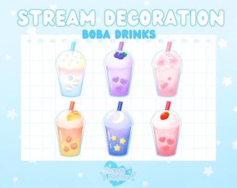 Twitch Boba Drink Stream Decoration Vtuber Asset Twitch Overlay Cute kawaii bubble tea coffee milkshake dessert sakura boba star berry peach