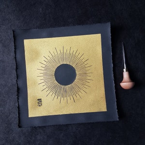 Original lino print | Sun | Gold paint on high-quality, black handmade paper | handmade artwork