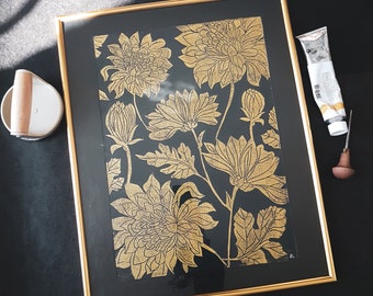 large linocut | Original lino print | DIN A3 | flowers | Gold paint on high-quality, black handmade paper | handmade