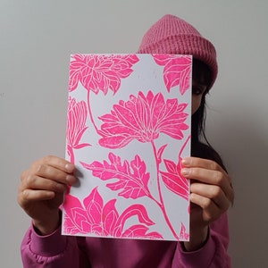 Flowers linocut | Original lino print | Neon Magenta | Neon pink on 300g paper | handmade | Also available in other colours