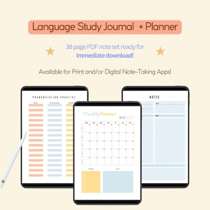 Language Learning Planner Notebook to Study and Learn French, Spanish, German, Dutch, Italian, Multi language,  iPad Notes or Printable PDF