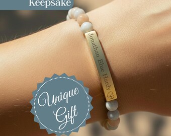 Personalized Name Natural Stone Stretch Bar Bracelet, Engraved Custom Charm, Memorial Keepsake