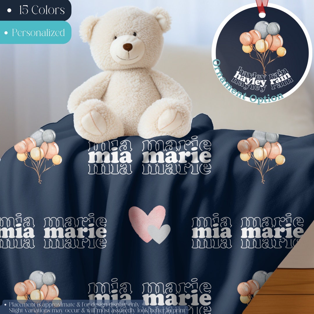 Custom Baby Name Blanket, Kid Blanket With Balloons and Hearts