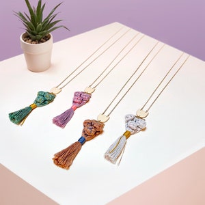 Macrame Tassel Pendant Necklace, Recycled Cotton Rope, Gold Chain