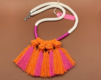 Hand-knotted recycled cotton rope necklace with macramé knots, eye-catching but light, fluorescent colours.