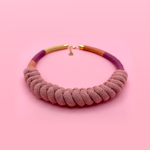 BON BON Necklace in soft and light recycled cotton cord, finished with colored, eco-friendly, hand-knotted embroidery thread.