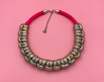 PARTY Mixed color glitter rope necklace, finished with fluo embroidery thread, original and eye-catching!