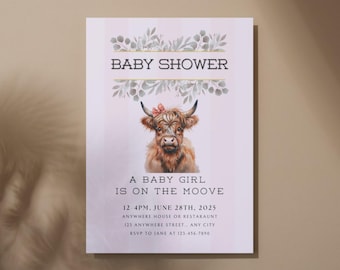 Invitación para baby shower de vaca de las Tierras Altas: temática del Oeste (plantilla digital de Canva)