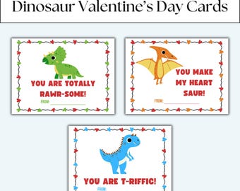 Printable Dinosaur Valentine's Day Cards: Kids School Valentines (PDF)