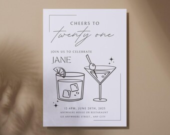 Minimalist 21st Birthday Invitation Template: Modern Cocktail Party (Digital Canva Template)