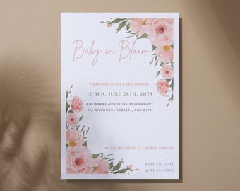 Floral Baby Shower Invitation Template, Pink Flowers (Digital Canva Template)