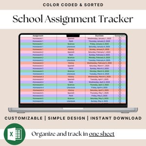 School Assignment Tracker for Students, Academic Planner, College Organizer, Homework Tracker, Excel Assignment Spreadsheet, Task Manager