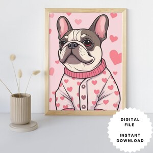 Francuski Buldog Walentynkowy Cyfrowy Ścienny Art, Prezent Dla Miłośnika Psów z Kreskówek, Plakat Frenchie, Prezent Dla Mamy Psa, Prezent Walentynkowy, Dekoracje Walentynkowe