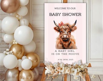 Cartello di benvenuto per baby shower a tema mucca delle Highlands: tema western (modello digitale Canva)