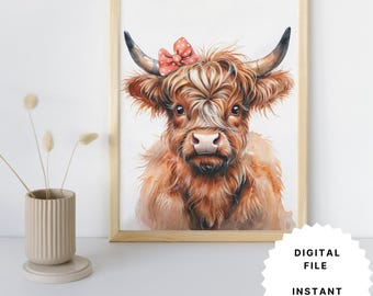 Highland Cow Print, Bow Wall Art, Nursery Decor (Digital Download)