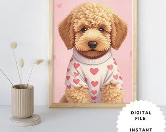 May include: A digital illustration of a brown poodle wearing a white sweater with pink hearts on a pink background.