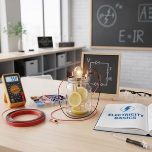 Puede incluir: Un experimento científico con una bombilla alimentada por limones dentro de un frasco de vidrio. Un multímetro muestra 9,50. La escena incluye una pizarra con un diagrama de circuito eléctrico, gafas de seguridad y un libro titulado "Conceptos básicos de electricidad."