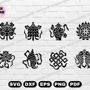 8 simboli di buon auspicio SVG / Clipart del Dharma buddista / Loto, ruota, nodo, conchiglia e altro / Download digitale spirituale per l'artigianato