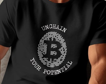 Camiseta gráfica divertida con huella dactilar de Bitcoin, regalo de BTC. Camiseta de conciencia financiera "Libera tu potencial" para ella o para él. Camiseta de Bitcoin.