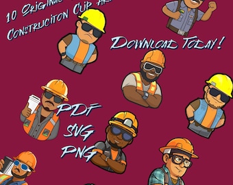Paquete de 10 trabajadores de la construcción pertenecientes a minorías. Descarga digital de construcción. Plantillas descargables instantáneas de alta calidad en formato SVG, PNG y PDF.