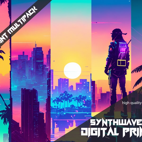 Synthwave Sky 2 neon 80's digital print digital downloads print pack art backgrounds colourful prints