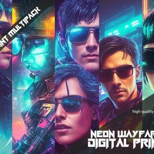 Neon Wayfarers 80's retro synthwave vaporwave futuristic city expressionist style digital print digital download