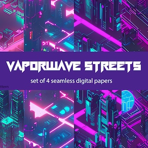 Puede incluir: Un conjunto de cuatro papeles digitales que presentan una ciudad futurista con acentos de neón rosa y azul. Los papeles son sin costuras y se pueden utilizar para proyectos de impresión o digitales. El texto "VAPORWAVE STREETS" se muestra en la parte superior de la imagen.