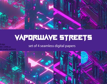 Steamwave Straßen futuristische Stadt Neonlichter Muster Fliese Digitaldruck