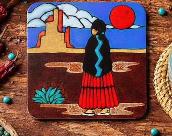 Posavasos de corcho con diseño del suroeste: Mujer del desierto, decoración cultural.