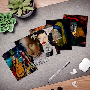 Biglietto d'auguri artistico multi-disegno ispirato a Vermeer con buste, confezione da 5, biglietti multi-occasione, interno vuoto, pittura a olio, collage artistico