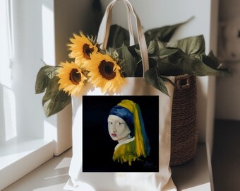 Fille avec une boucle d'oreille en perles ; un sac fourre-tout en toile de coton Artwork inspiré de Johannes Vermeer ; Shopping, école, voyage, déjeuner, parc ou cadeau unique