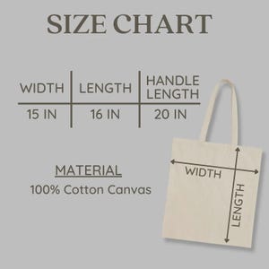 Size chart graphic for a cotton canvas tote bag. The chart reads: “SIZE CHART.” Width: 15 in, Length: 16 in, Handle Length: 20 in. Below, it says “MATERIAL: 100% Cotton Canvas.” An illustration of a tote bag on the right shows arrows labeled “WIDTH” across the top of the bag and “LENGTH” down the side.