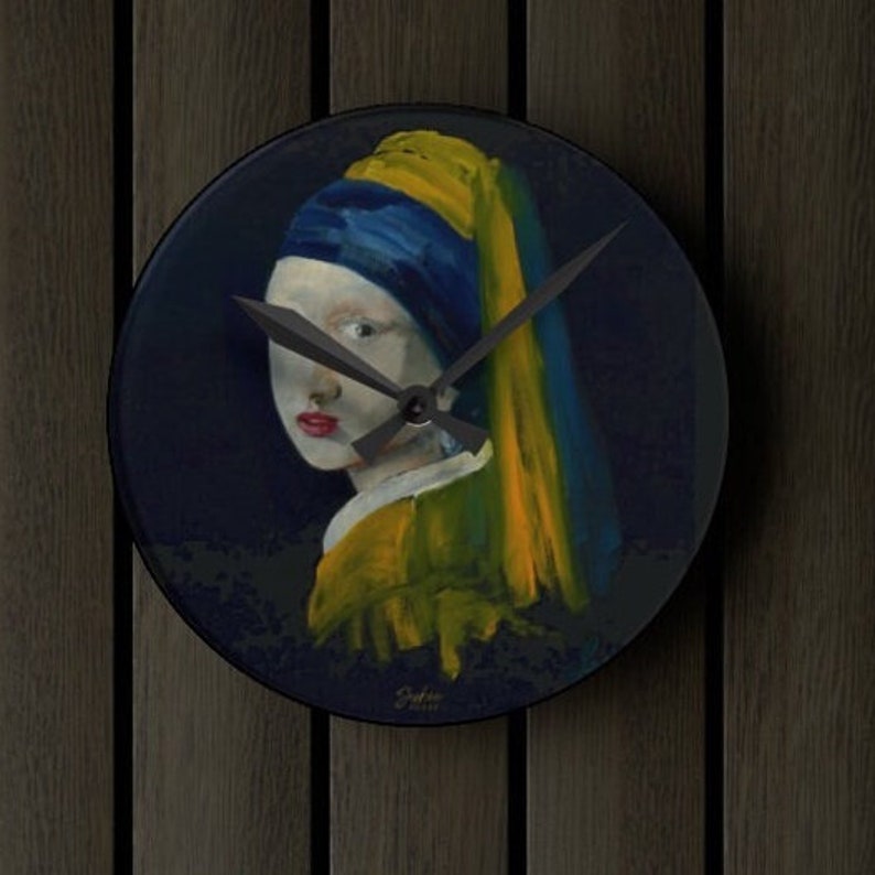 Horloge murale d'art acrylique originale inspirée de Johannes Vermeer Saint-Valentin romantique, demoiselle d'honneur, douche nuptiale ou cadeau d'art de pendaison de crémaillère image 1
