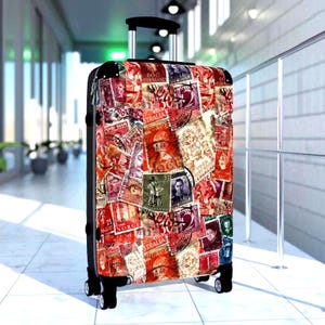 Vintage Postal Stamp Art Suitcase, Retro Travel Trolley, Extended Storage and Inner Pockets, Carry On Luggage, Artistic Creative Jet Setters