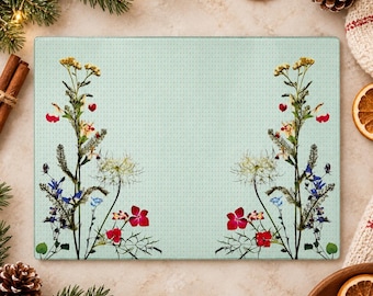 Pressed Wildflower Tempered Glass Cutting Board: Botanical Kitchen Decor