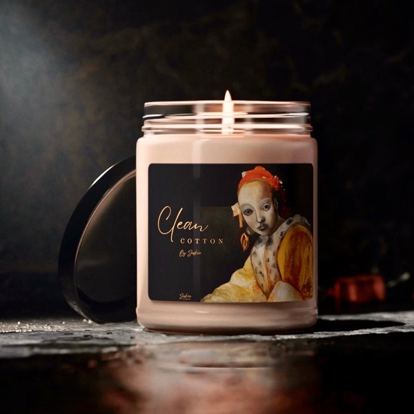 Clean Cotton Scented Vegan Soy Art Candle in a Jar 9oz with Johannes Vermeer inspired Artwork; A Great Christmas Holiday, Housewarming Gift.