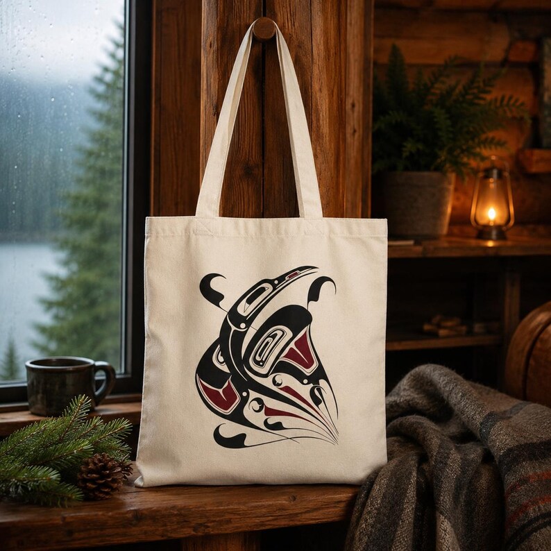 AI-generated lifestyle mockup of a natural cotton canvas tote bag with original Pacific Northwest Coast inspired raven formline artwork, hanging in a cozy Seattle cabin with cedar wood, rainy window views, evergreen accents, a wool blanket, and warm moody light.