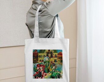 Dutch Girls with wooden shoes fairytale art on Cotton Canvas Tote Bag; Shopping, Beach, School, Travel, Lunch, Park, Kid, Hobby, Art present