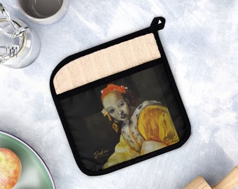 Vermeer inspired Handmade Pot Holder with Pocket; Perfect Cooking Accessory Present for Kitchen, Housewarming, holiday, BBQ, wedding, cook